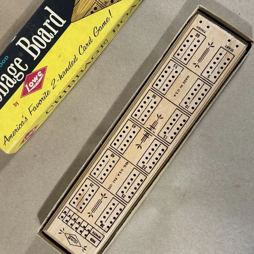 Vintage E.S. Lowe Wood 2-Player Cribbage Board 1503 Pegs Box No Instructions